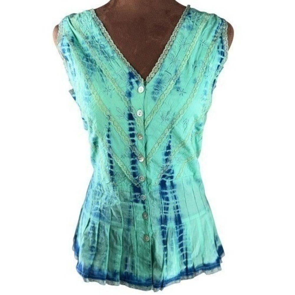 Tie Dye Lace Tank L NWT Deadstock Green Blue Cotton Boho Peplum Chaudry KC Crop